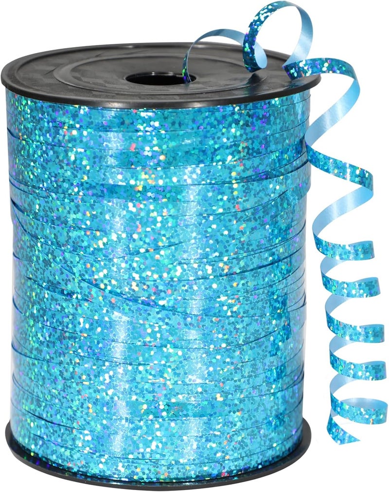 OMISELIO Light Blue Metallic Holographic Curling Ribbon, 500 Yard Teal Blue, Perfect for Gift Wrapping, Balloons, Crafts, Parties, Baby Showers, Graduations, Christmas, Festive Occasions - Image 1